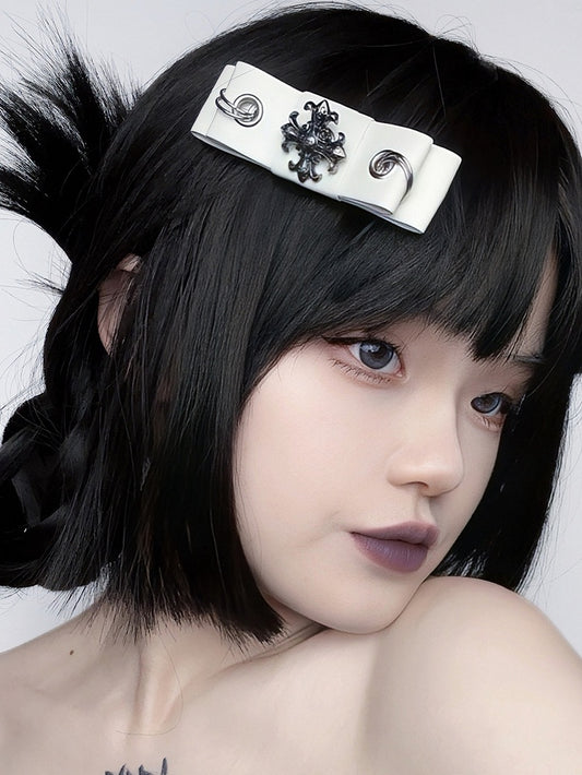 Punk Cross Decorative White PU Bowknot Hairclip