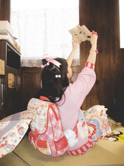 Magic Restaurant Floral and Cartoon Elephant Print PU Red Plaid Backpack