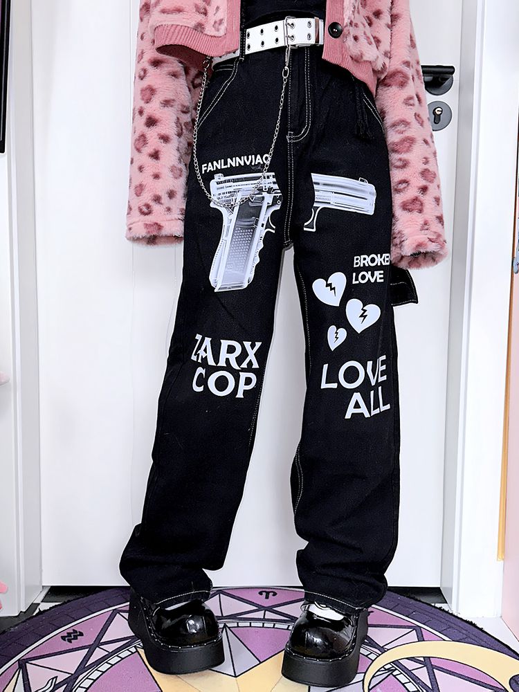 Letters Print Black Jeans