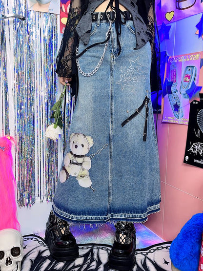 Faded Wash Little Bear Print Denim Skirt Pins Zip Decorated Raw Hem