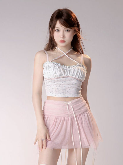 Pink/Blue Floral Print White Cami Top Ruffle Trim