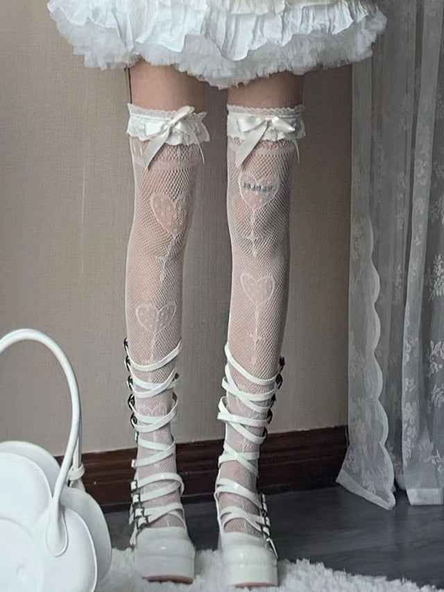 Black/White Over Knee Stockings With Sweetheart Pattern