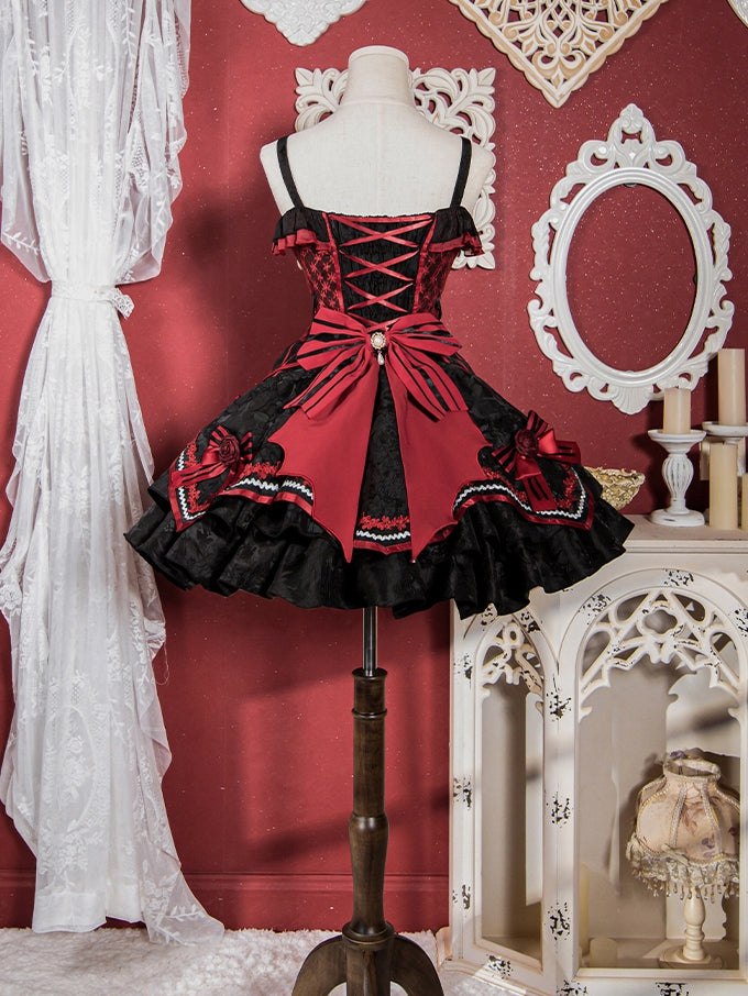 Black and Red Bat and Cross Embroidery Gothic Lolita JSK Zip Front and Buckle Side