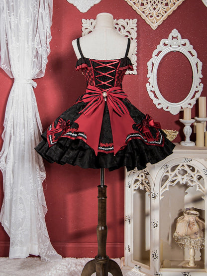 Black and Red Bat and Cross Embroidery Gothic Lolita JSK Zip Front and Buckle Side