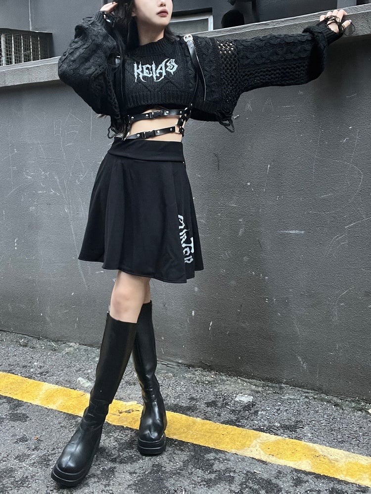 Clearance -Free Size for Bust 120CM Black Punk Round Neck Distressed Cropped Sweater