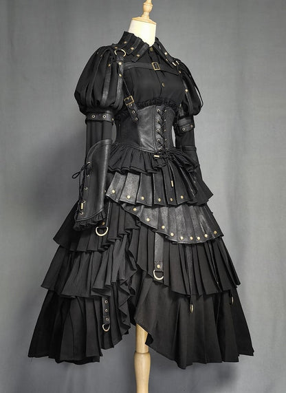 Black Gothic Lolita Under Bust Corset High Waist Layered Pleated Skirt with Shoulder Straps