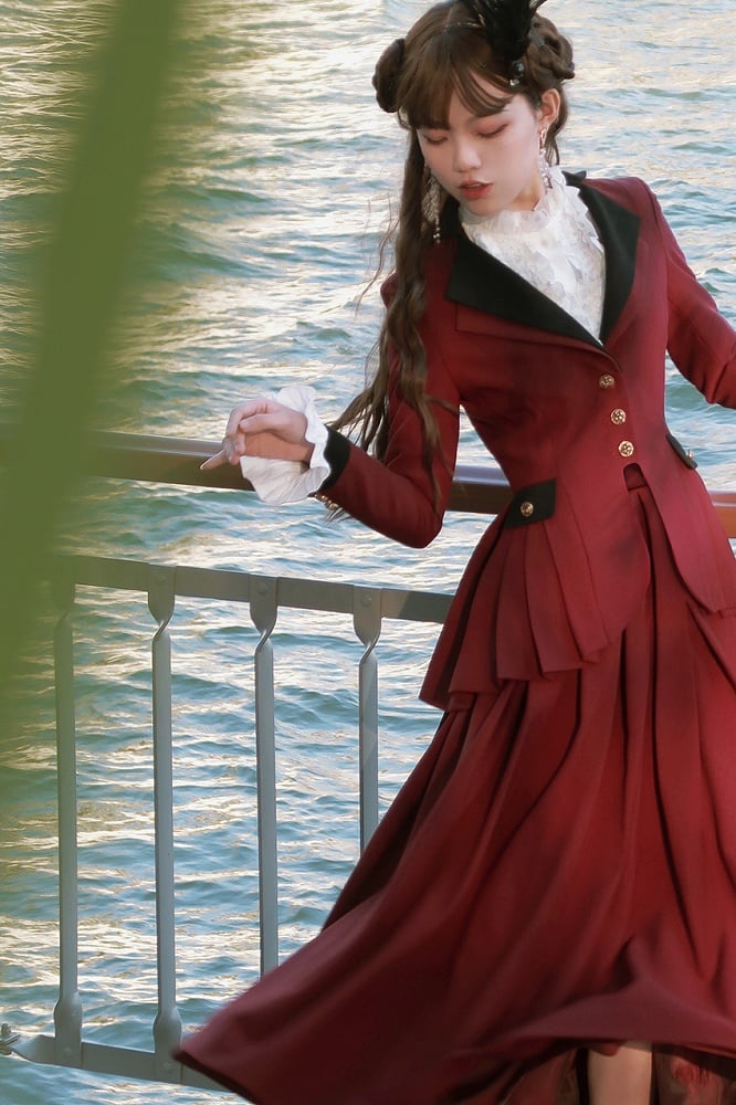 Plus Size Friendly-Wine Red Pleating Details Blazer + Skirt Vintage Set