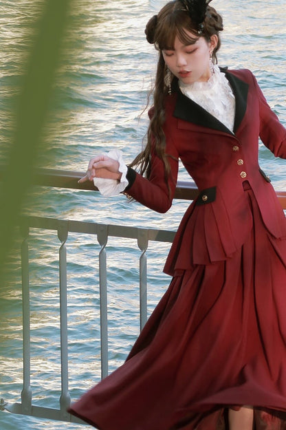 Plus Size Friendly-Wine Red Pleating Details Blazer + Skirt Vintage Set