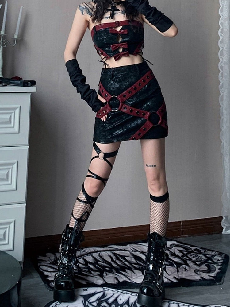 Crisscross Straps Decorated Faux Fur Moto Biker Mini Skirt Music Festival Outfits