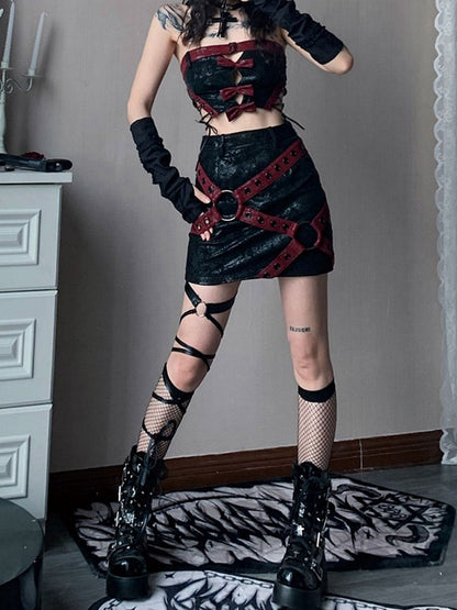 Crisscross Straps Decorated Faux Fur Moto Biker Mini Skirt Music Festival Outfits