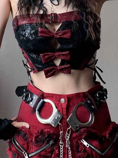 Black PU Strapless Cropped Top with Red Bowknots Music Festival Outfits