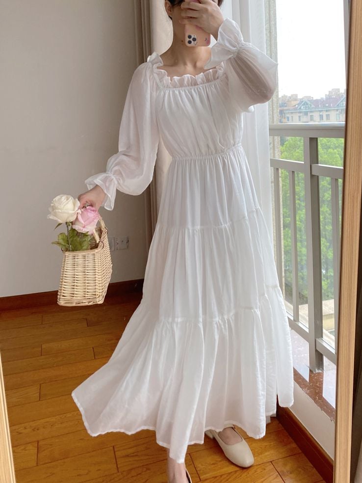 White Off-the-shoulder Neckline Vintage Dress with Flounce Hem