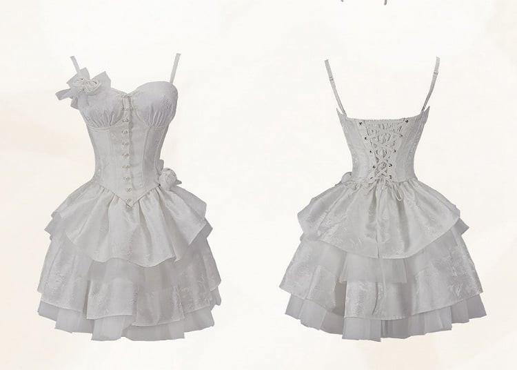 White Jacquard Tiered Skirt with Rosettes Brooch