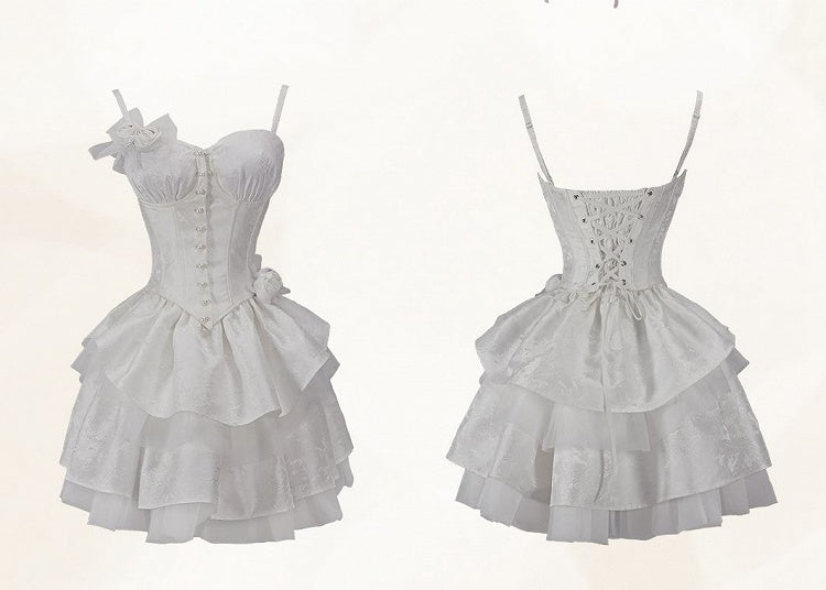 White Boned Corset Top with Underwire Cups Rosettes Brooch