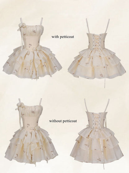 Light Yellow Floral Pattern Boned Bodice Jumper Skirt with Rosette Brooches Short Version