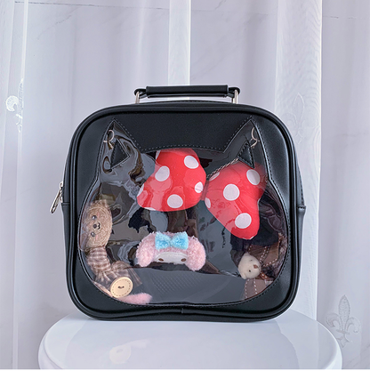 Cat Head-shaped Window Black PU Square Ita Bag