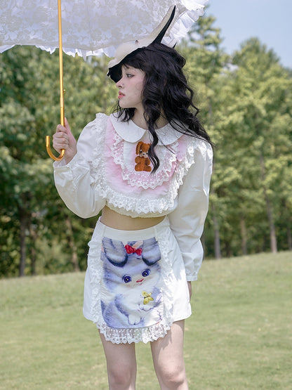 Clearance - Size L for Waist 72CM White Bunny Print Lace Trim Skirt