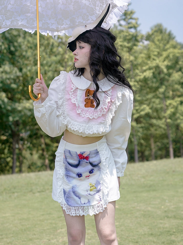 Clearance - Size L for Waist 72CM White Bunny Print Lace Trim Skirt