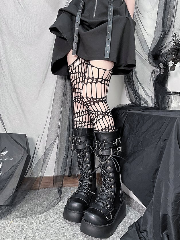 Lace-up and Buckle Straps Matte Black Platform Boots