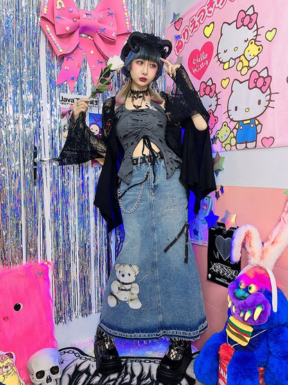 Faded Wash Little Bear Print Denim Skirt Pins Zip Decorated Raw Hem