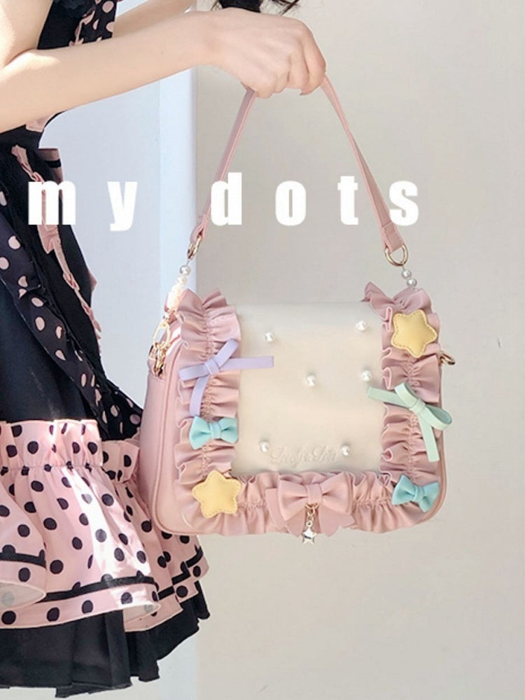 Fold-over Flap Creamy Dots Bowknots Shoulder Bag