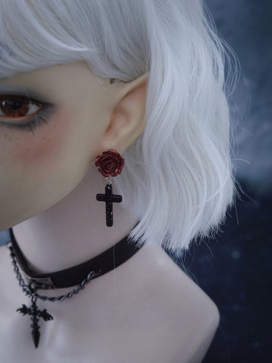 Clearance-Red and Black Handmade Roses With Cross Charm Earrings