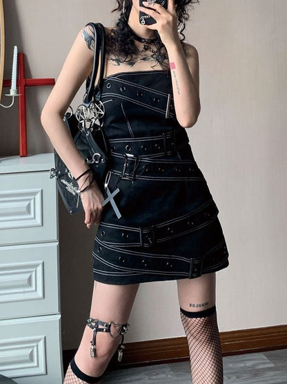 Buckles Decorated Strapless Black Dress Music Festival Outfits