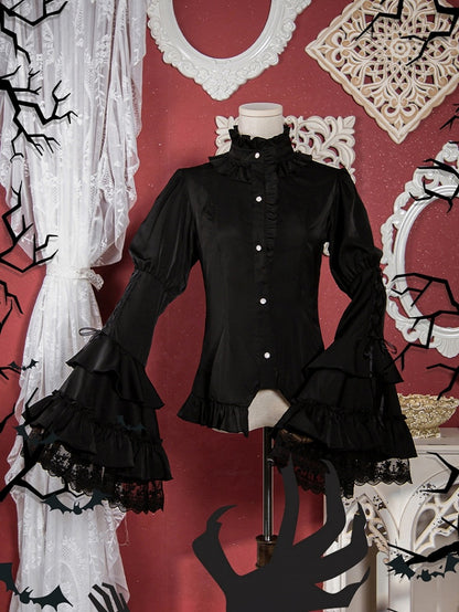Black Ruffle Neckline Gothic Bell Sleeves Shirt
