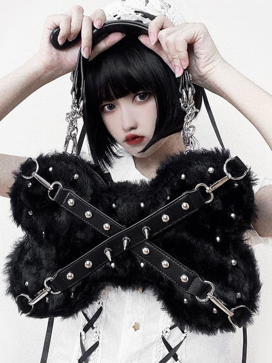 Studs Decorated Black Plush Bone-shaped Bag