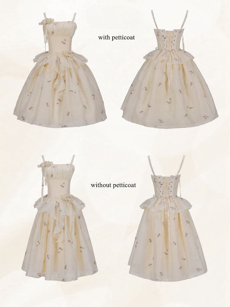 Light Yellow Floral Pattern Boned Bodice Jumper Skirt with Rosette Brooches Long Version