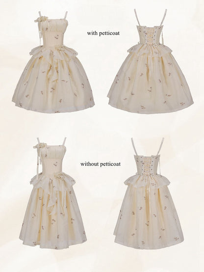 Light Yellow Floral Pattern Boned Bodice Jumper Skirt with Rosette Brooches Long Version