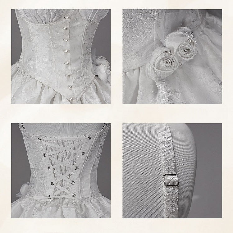 White Boned Corset Top with Underwire Cups Rosettes Brooch