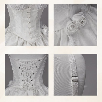 White Boned Corset Top with Underwire Cups Rosettes Brooch