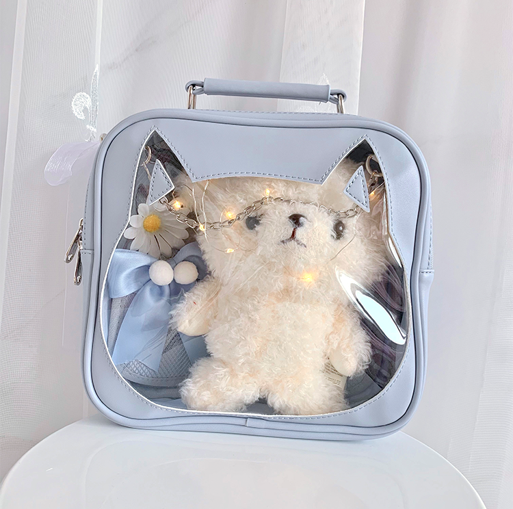 Cat Head-shaped Window Light Blue PU Square Ita Bag