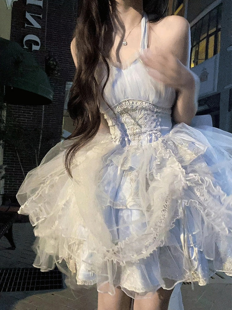 Plus Size Friendly Blue Tiered Ruffle Skirt Hime Jumper Skirt