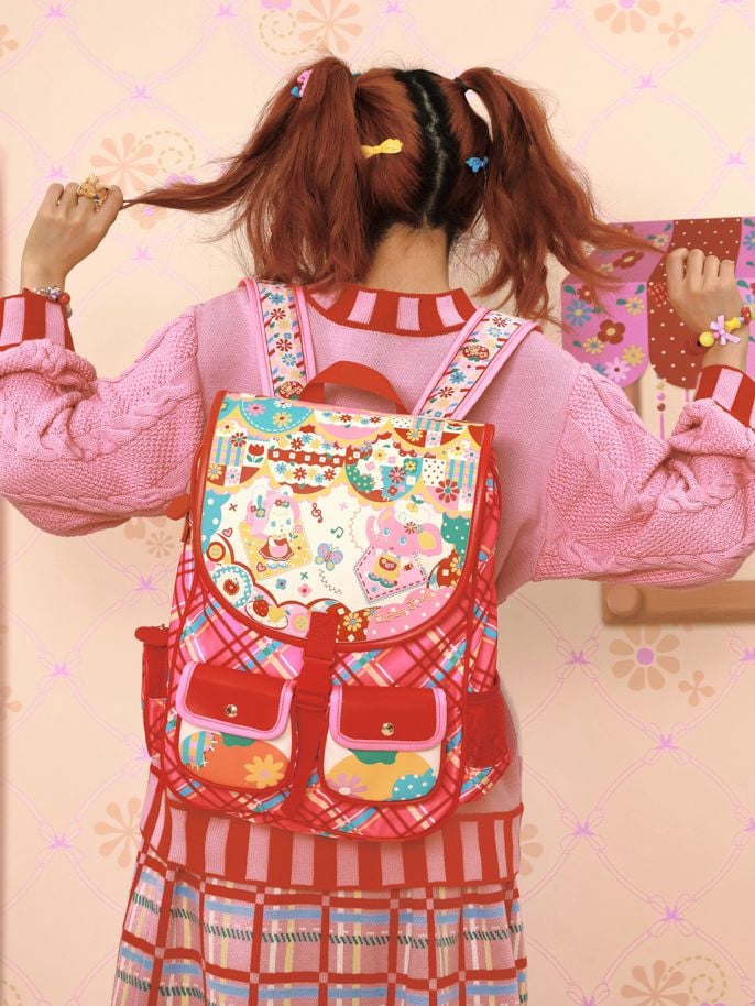 Magic Restaurant Floral and Cartoon Elephant Print PU Red Plaid Backpack