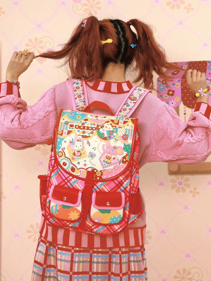 Magic Restaurant Floral and Cartoon Elephant Print PU Red Plaid Backpack