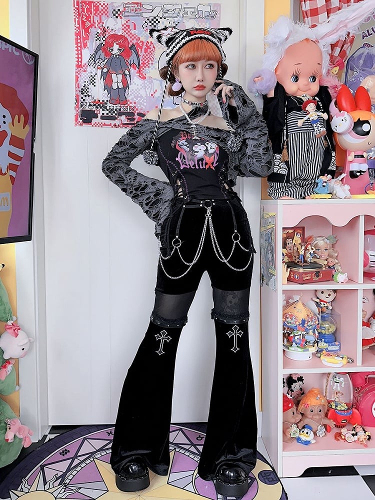 Cross Embroidery Lace Trim Fishtail Pants with Belt