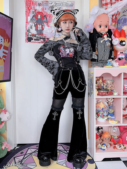 Cross Embroidery Lace Trim Fishtail Pants with Belt