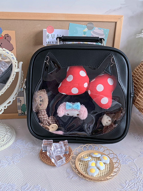 Cat Head-shaped Window Black PU Square Ita Bag