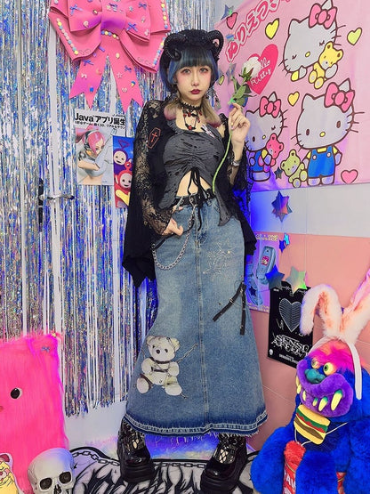 Faded Wash Little Bear Print Denim Skirt Pins Zip Decorated Raw Hem