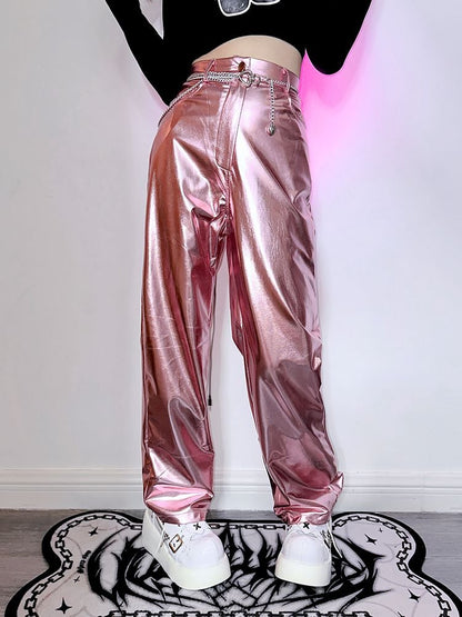 Futuristic Cyberpunk Y3K Metallic Silver/Rose Red/Blue/Green PU Pants