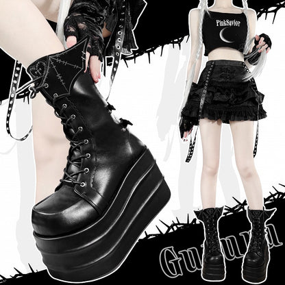 Black Bat Wings Design Lace-up Strap Platform Boots Martens