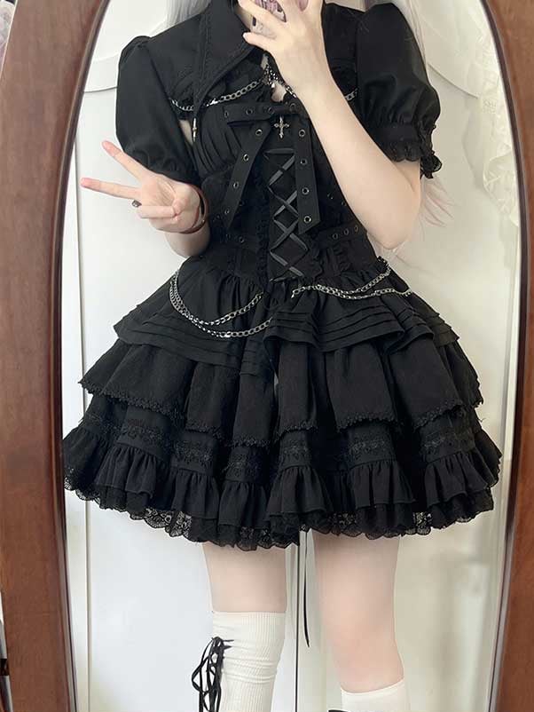 Clearance-Size M for Bust 96CM Black Gothic Chain Details Bolero