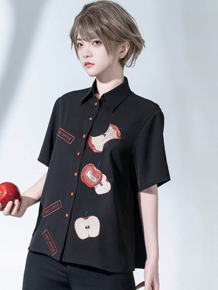 Black Summer Apple Embroidery Ouji Shirt