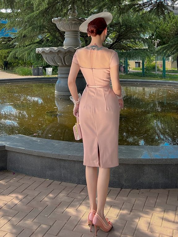 Lace Trim Back Slit Pink Vintage Dress