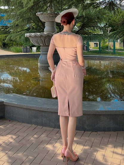 Lace Trim Back Slit Pink Vintage Dress