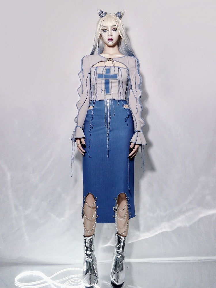 Y2K Cross Applique Tassels Bodice Knitted Top