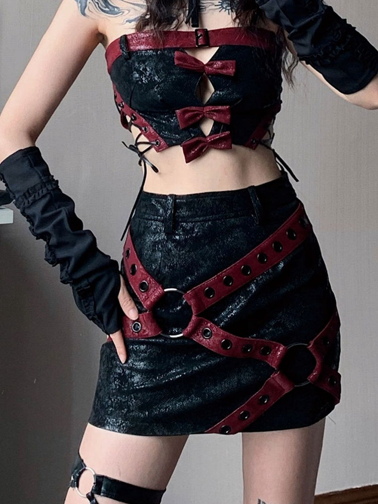 Black PU Strapless Cropped Top with Red Bowknots Music Festival Outfits