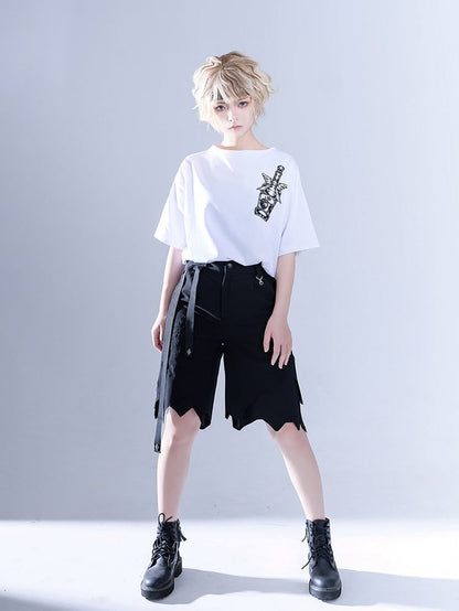 Glimpse Gossip Candlestick Embroidery Handkerchief Hem Ouji Shorts